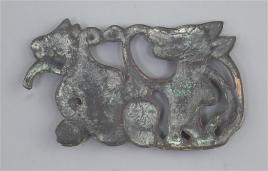 A Chinese gilt bronze harness plaque, Ordos type, Inner Mongolia, 3rd-1st century B.C., 12cm x 7cm